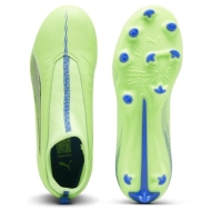 Ghete de fotbal Puma Ultra Match+ Laceless Firm Ground pentru copii verde alb albastru