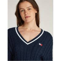 Pulover Blugi Tommy TJW BADGE CABLE decolteu in V inchis bleumarin