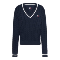 Pulover Blugi Tommy TJW BADGE CABLE decolteu in V inchis bleumarin