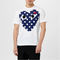 Tricou COMME DES GARCONS PLAY Polka Dot Peeping Heart alb albastru