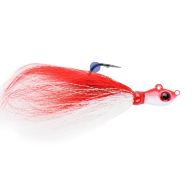 JIG BIG EYE BUCKTAIL rosu alb CRYSTAL FLASH 10G marime 3-0 MUSTAD