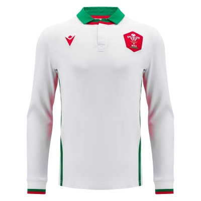 Tricou Deplasare Macron Welsh Rugby Union cu Maneca Lunga 2024 pentru adulti alb verde