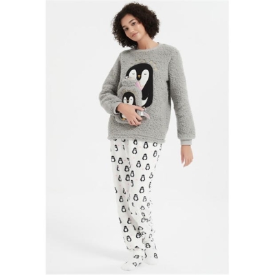 Pijamale Set Cadou Sticla de Apa Linea Penguin and Hot gri alb