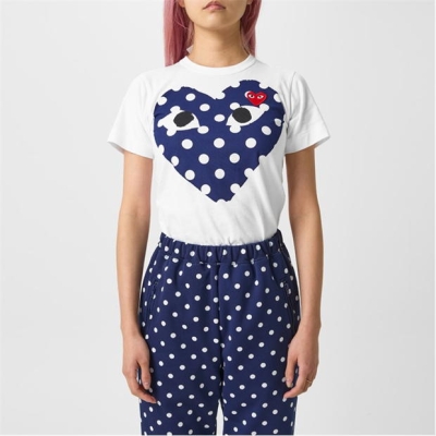 Tricou COMME DES GARCONS PLAY Big Heart Polka-Dot alb albastru