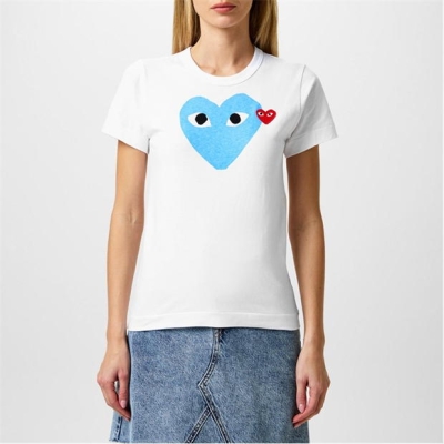 Tricou COMME DES GARCONS PLAY Printed Peeping Hearts alb albastru