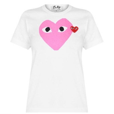 Tricou COMME DES GARCONS PLAY Printed Peeping Hearts alb roz