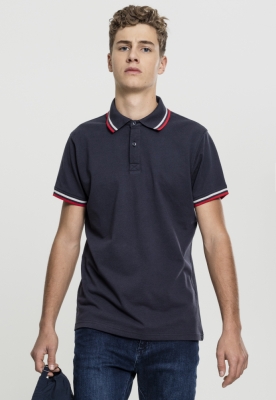 Tricou polo doua dungi bleumarin alb Urban Classics foc rosu