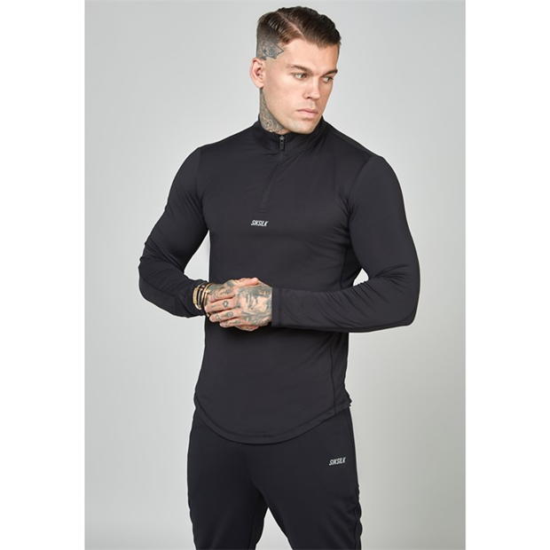 Bluza cu maneca lunga SikSilk Camo Sports Muscle Fit Quarter cu fermoar pentru Barbati negru