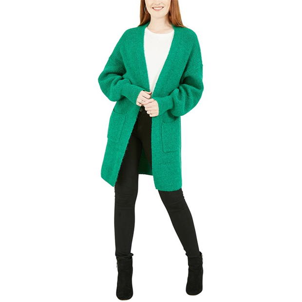 Cardigan lung Yumi Yumi verde tricot cu cu buzunar bright