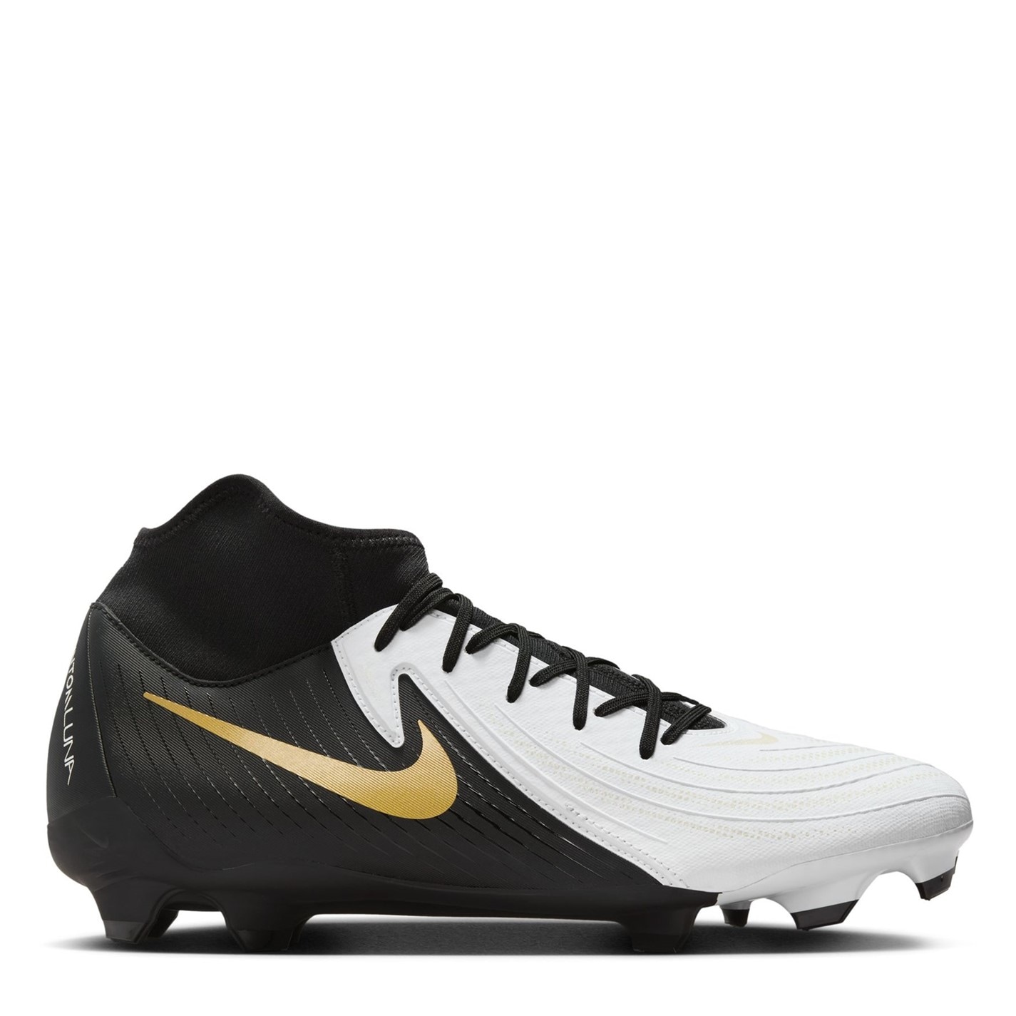 Ghete de fotbal Nike Phantom Luna II Academy Firm Ground alb negru auriu