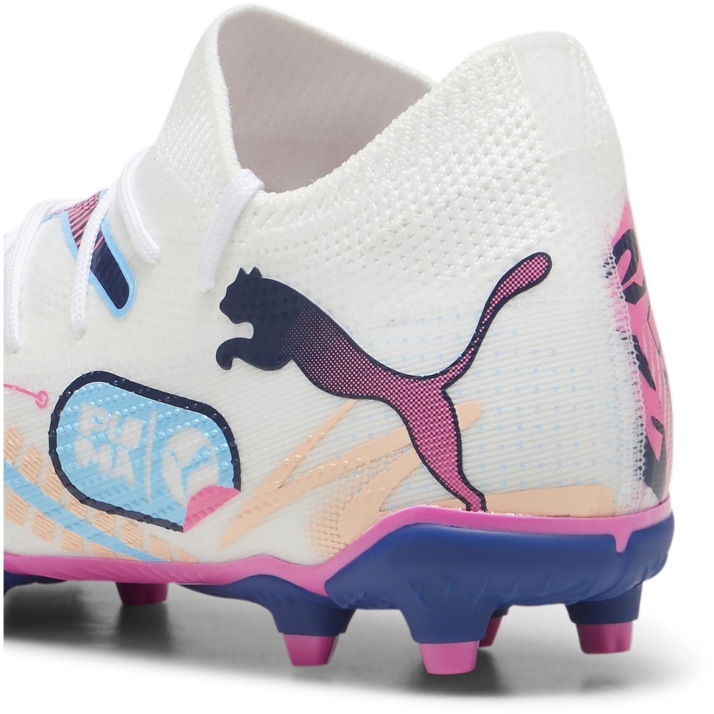 Ghete de fotbal Puma Future 7 Match Rush Firm Ground pentru Copii alb albastru roz