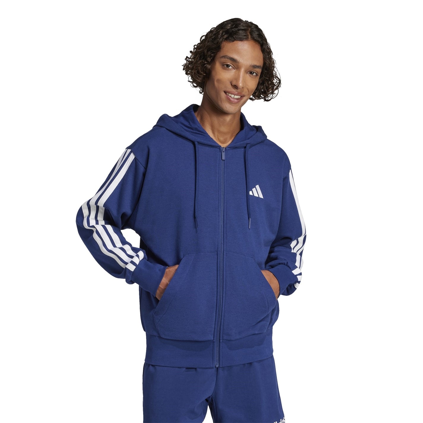 Hanorac adidas Essentials French Terry 3-Stripes cu fermoar pentru Barbati legend albastru alb