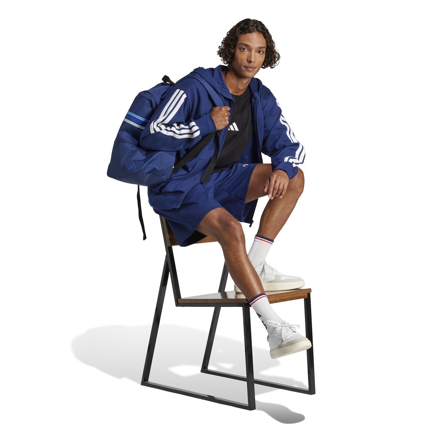 Hanorac adidas Essentials French Terry 3-Stripes cu fermoar pentru Barbati legend albastru alb