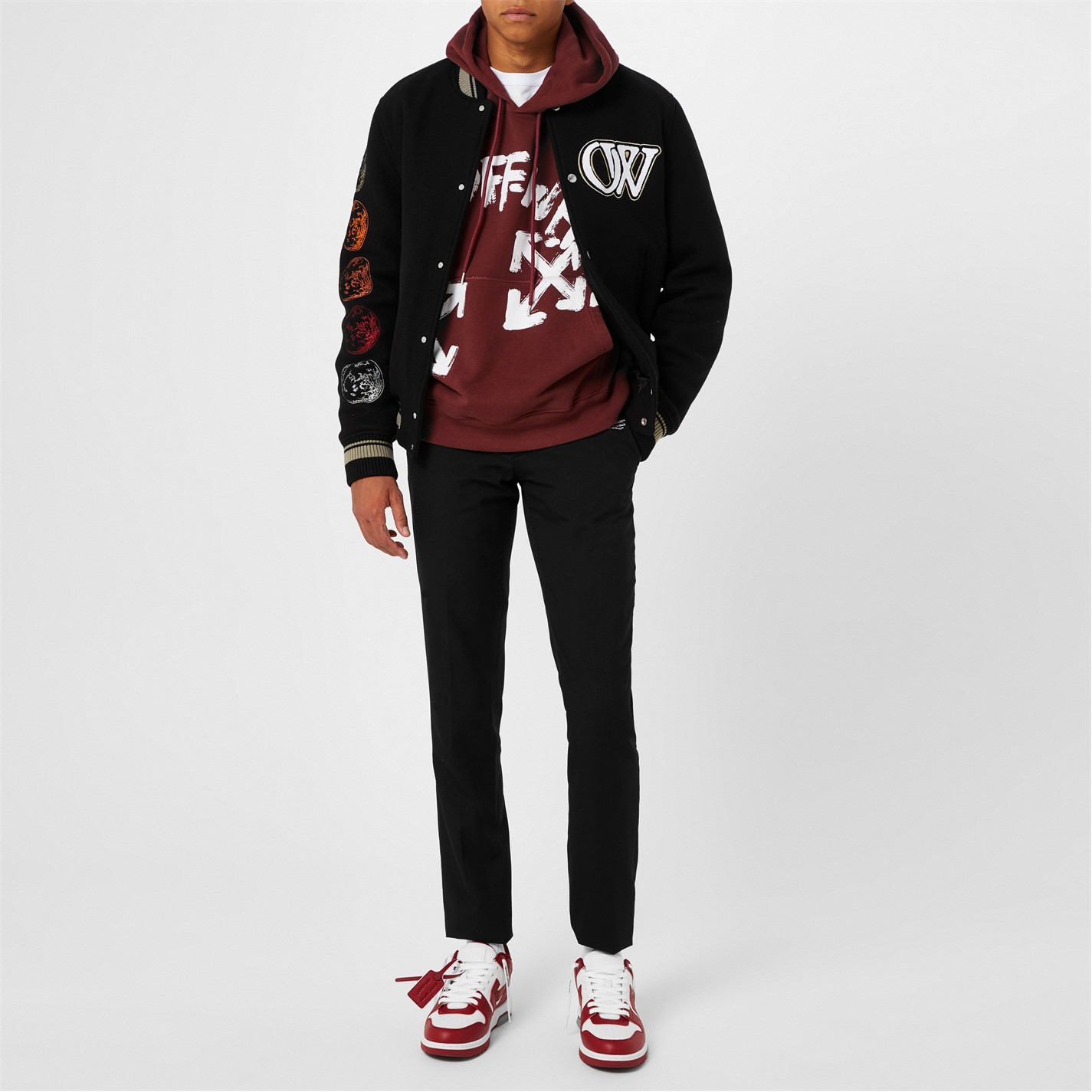 Jacheta OFF alb Moon Wool Varsity Bomber negru