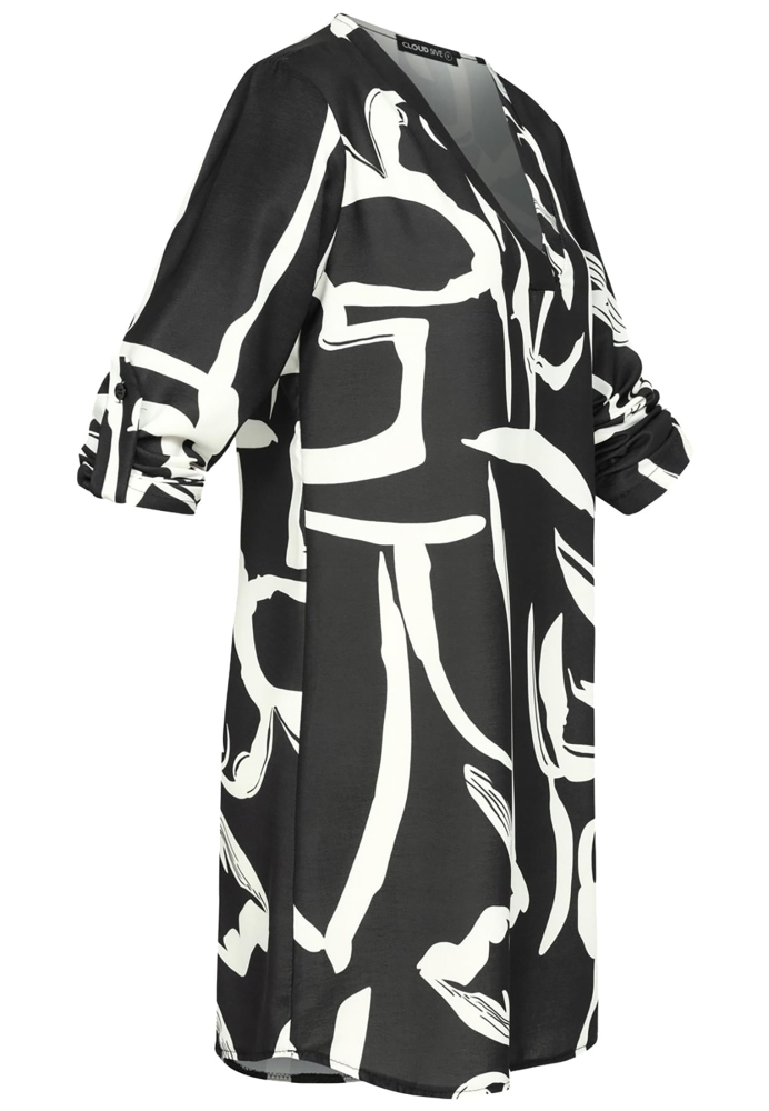 Manusi Cloud5ive Damen Kleid Turn-Up-?rmeln und decolteu in V All Over Grafik Print negru