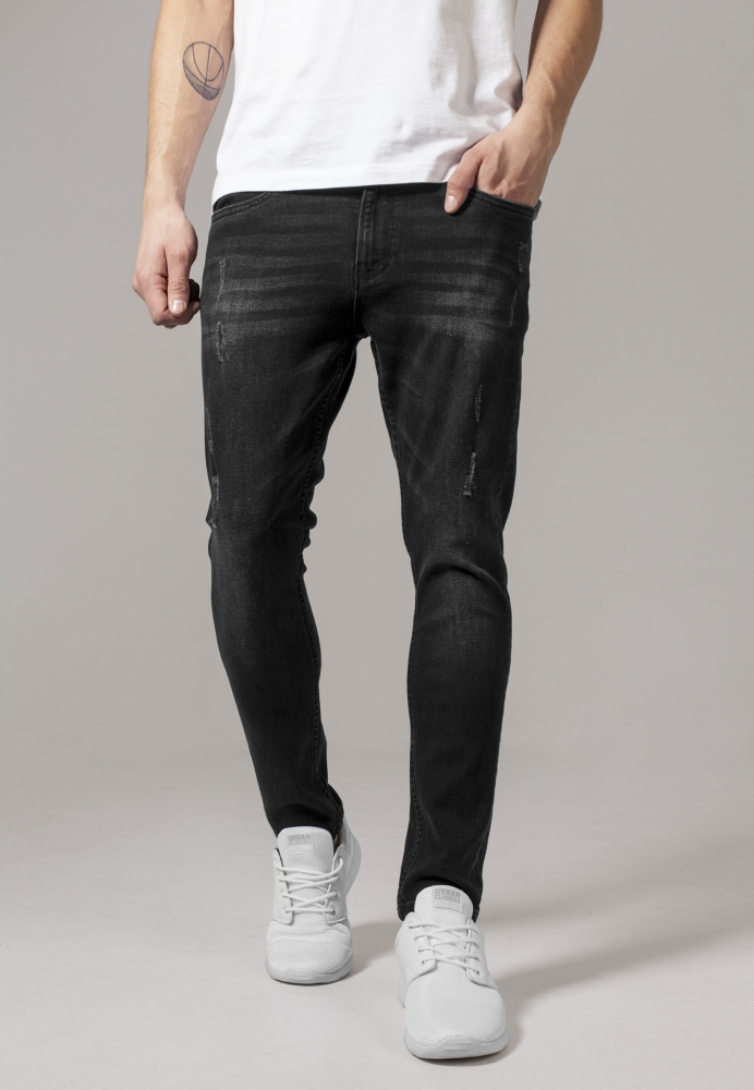 Pantaloni Skinny denim stretch cu taieturi negru washed Urban Classics