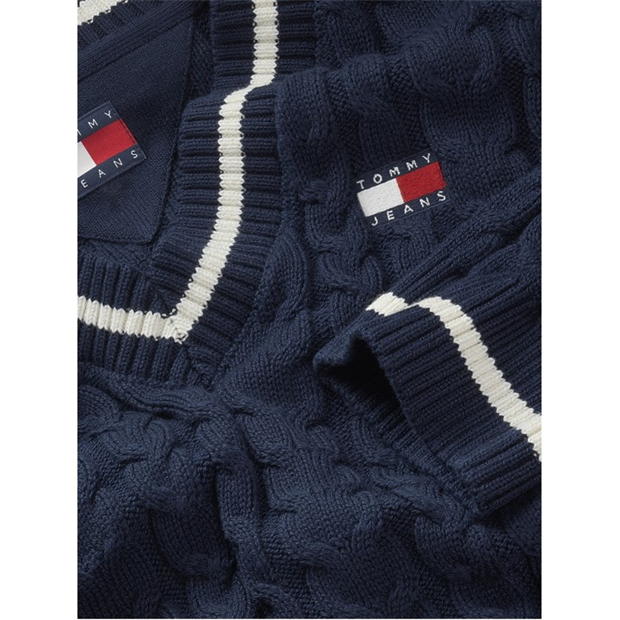 Pulover Blugi Tommy TJW BADGE CABLE decolteu in V inchis bleumarin