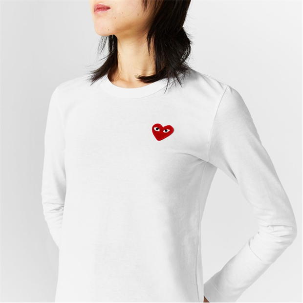 Tricou COMME DES GARCONS PLAY Peeping Heart cu Maneca Lunga alb rosu