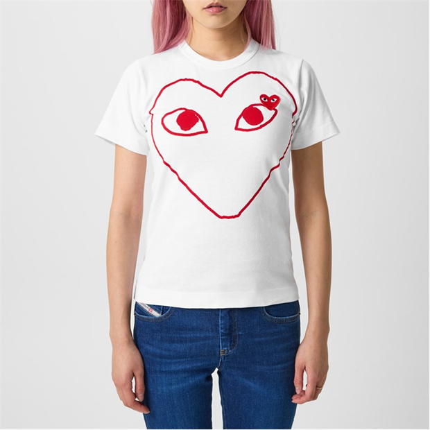 Tricou COMME DES GARCONS PLAY Peeping Heart Outline alb rosu