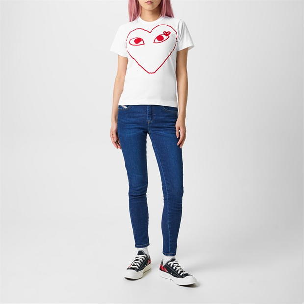 Tricou COMME DES GARCONS PLAY Peeping Heart Outline alb rosu