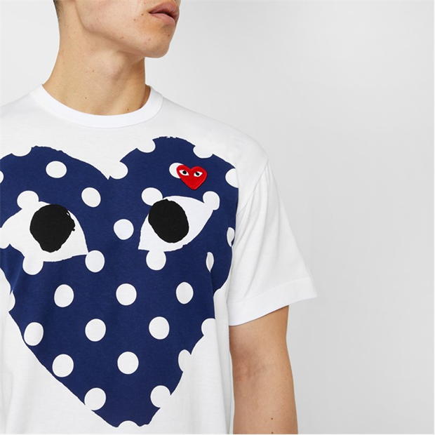 Tricou COMME DES GARCONS PLAY Polka Dot Peeping Heart alb albastru