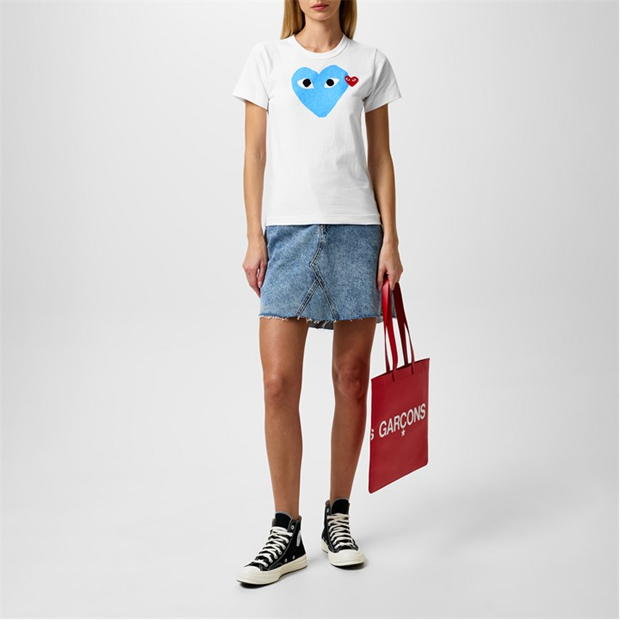 Tricou COMME DES GARCONS PLAY Printed Peeping Hearts alb albastru