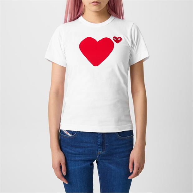 Tricou COMME DES GARCONS PLAY Signature Heart Logo Patch alb rosu