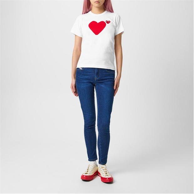 Tricou COMME DES GARCONS PLAY Signature Heart Logo Patch alb rosu